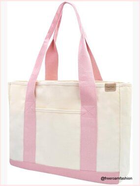 Large Canvas Tote Bag with Multiple Pockets Zipper Closure Work Travel